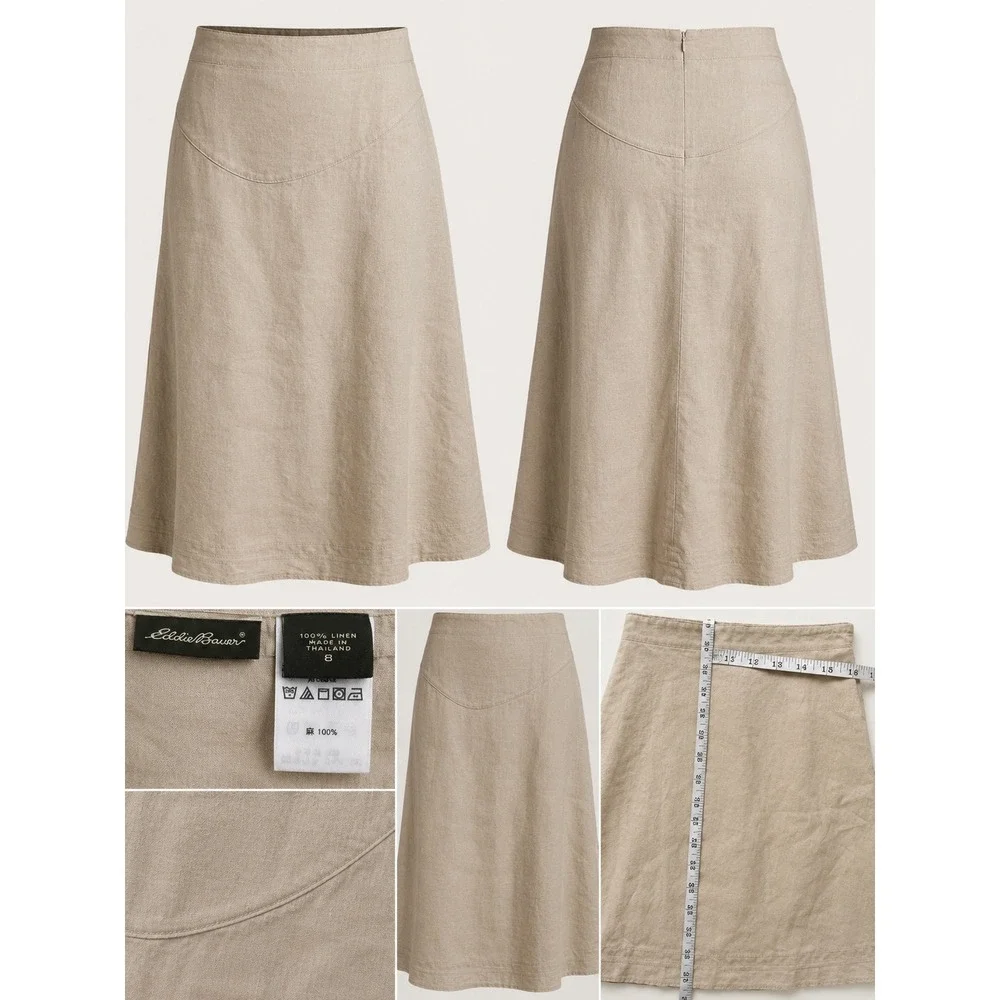 Eddie Bauer Tan 100% Linen Midi Skirt Beige A-Line 8 High Waist Minimalist